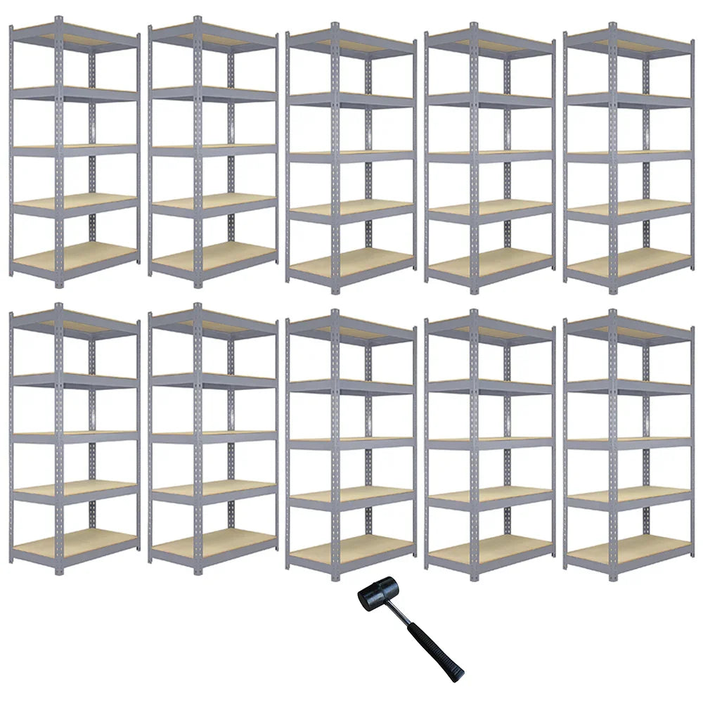 10 grey metal racking units with wooden shelves, each 120 x 50 x 180cm, arranged in a grid with a rubber mallet included