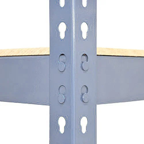 Grey metal racking unit corner detail showcasing sturdy construction, adjustable shelves, and smooth finish for durability