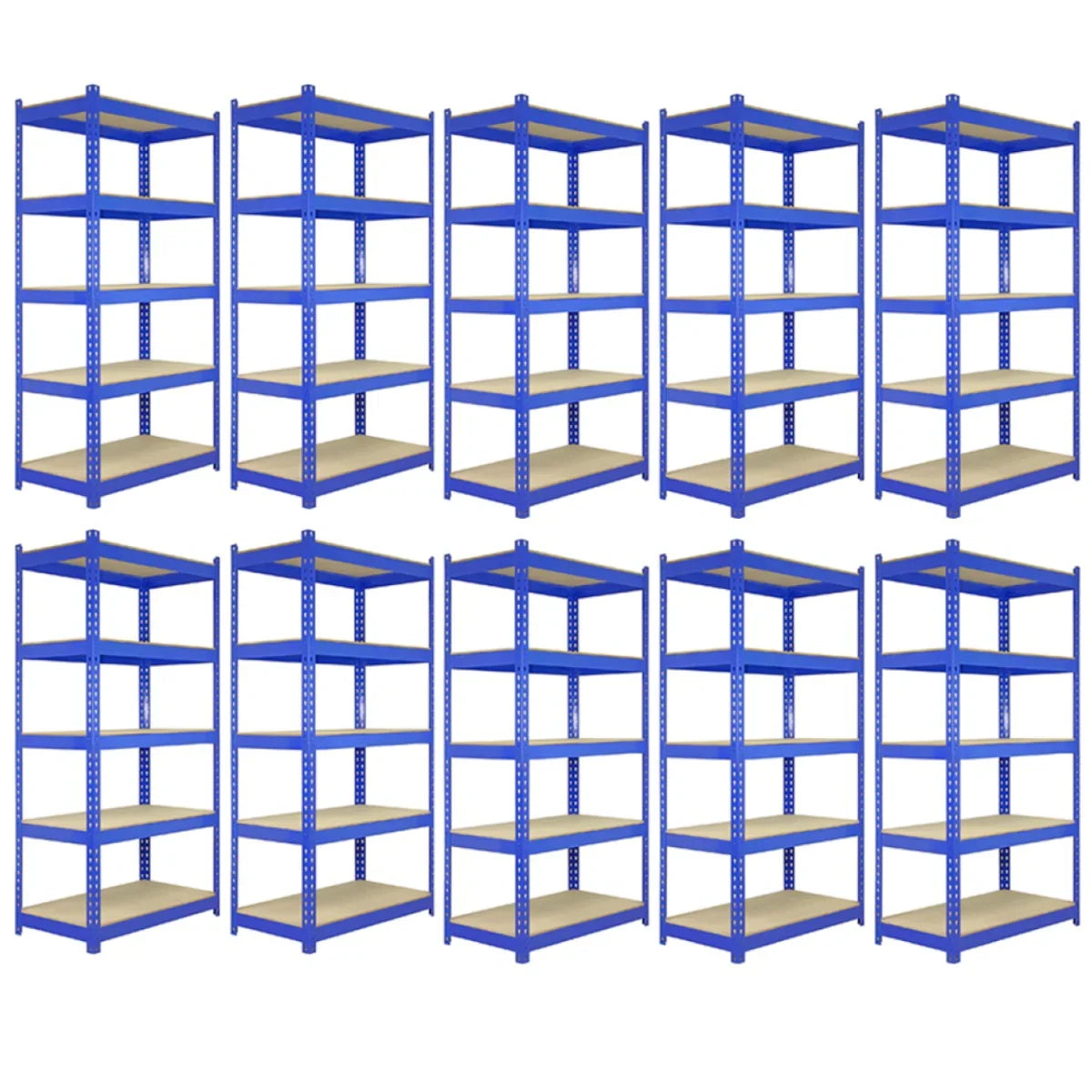 10 blue metal racking units, each 120cm x 45cm x 180cm, featuring sturdy shelves and a sleek finish for storage solutions