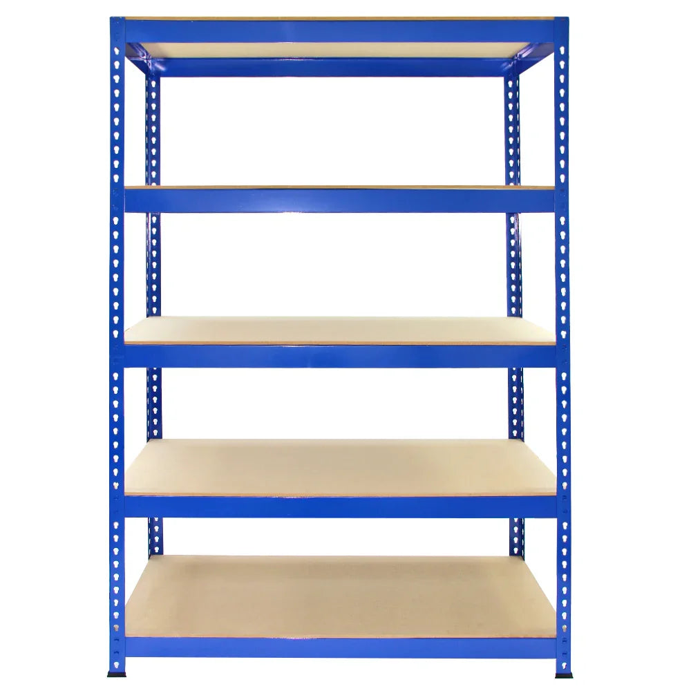 Blue metal racking unit with five sturdy shelves, measuring 120cm x 45cm x 180cm, ideal for storage and organization