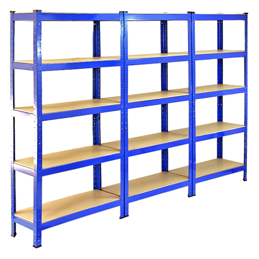 10 blue metal racking units with five sturdy shelves, each measuring 120cm x 45cm x 180cm, ideal for storage solutions
