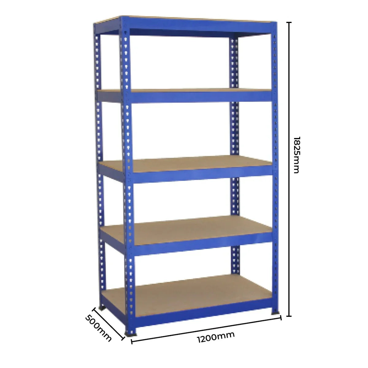 Blue metal racking unit with five shelves, measuring 120cm wide, 45cm deep, and 180cm tall, featuring a sturdy design
