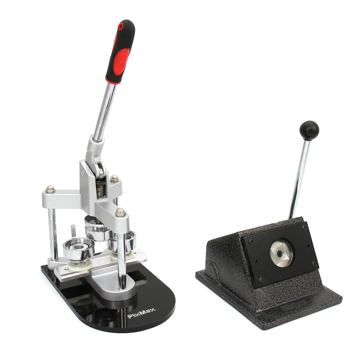 PixMax Badge Making Bundle includes a sturdy metal press with a lever and a base, designed for creating custom badges efficiently