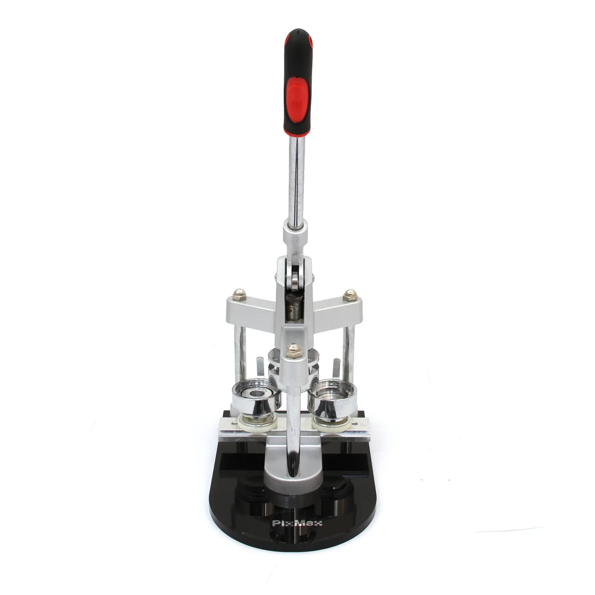 Heavy-duty PixMax badge maker with a sleek silver and black design, featuring a comfortable red handle for easy pressing