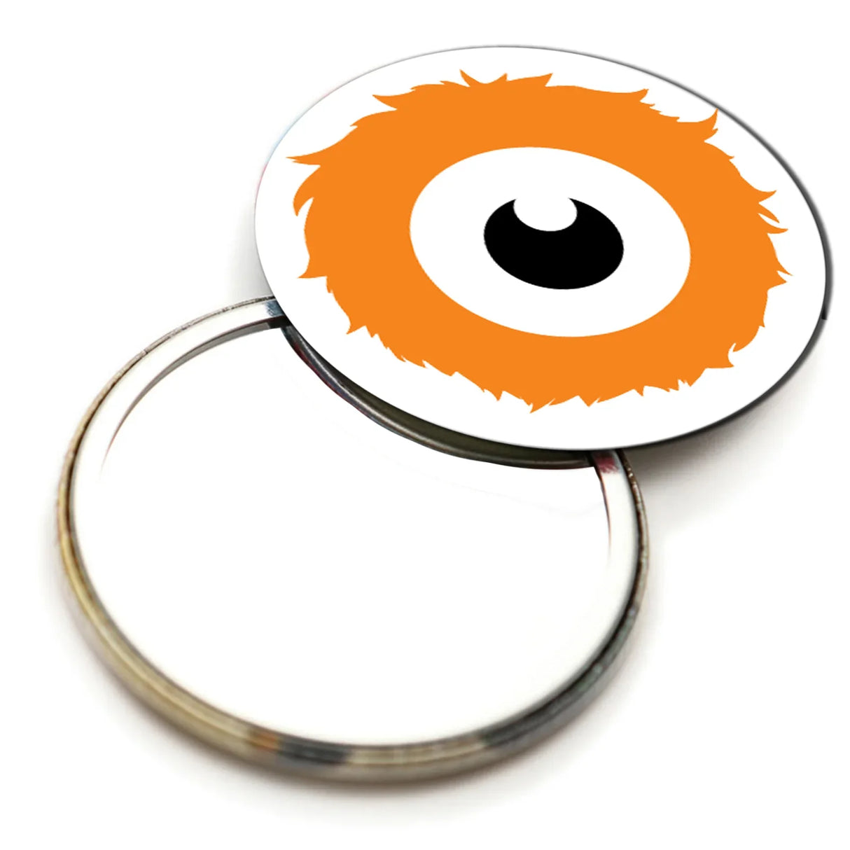 PixMax 58mm pocket mirror featuring a vibrant orange monster design with a large black eye, perfect for personal use or gifts