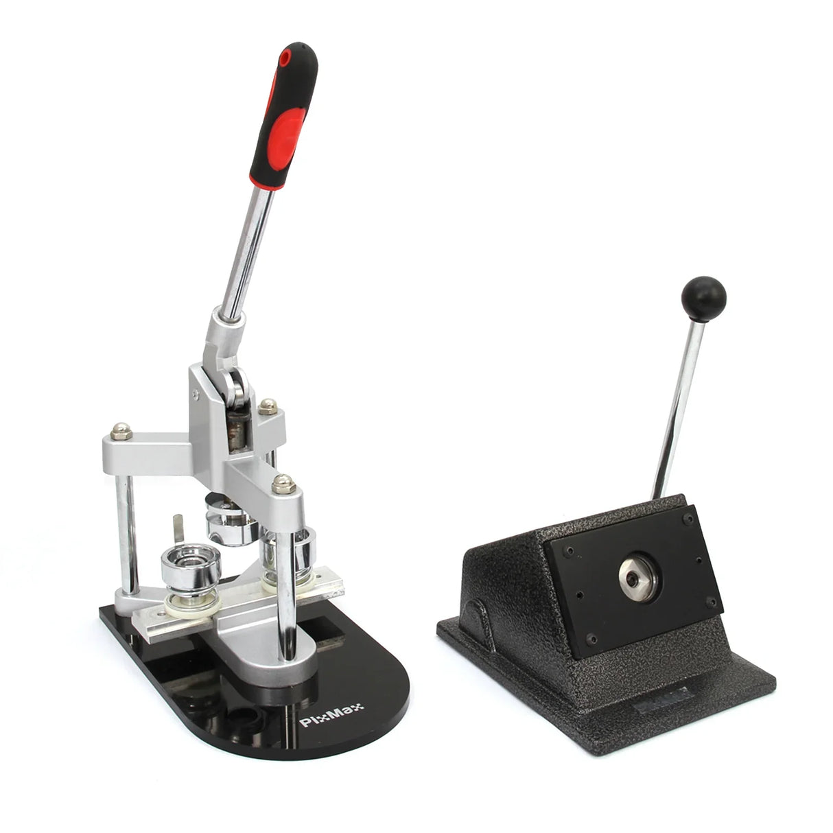 PixMax Badge Making Bundle featuring a sleek silver badge press and a sturdy black base with a lever for easy operation
