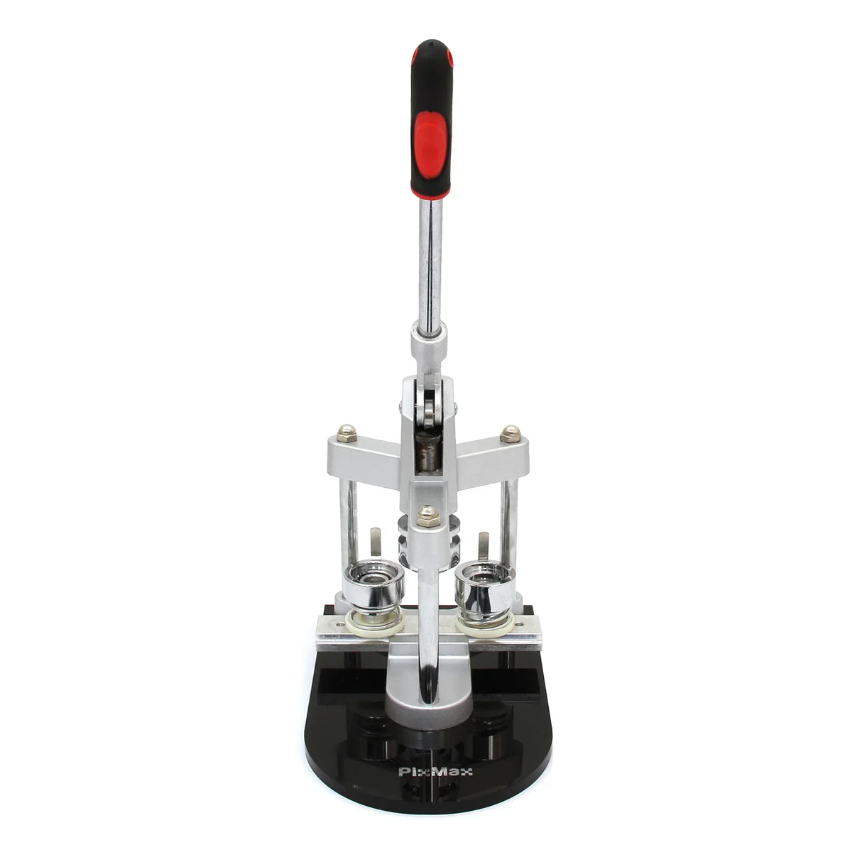 PixMax Badge Making Bundle features a sturdy silver badge press with a comfortable red handle, designed for creating custom badges