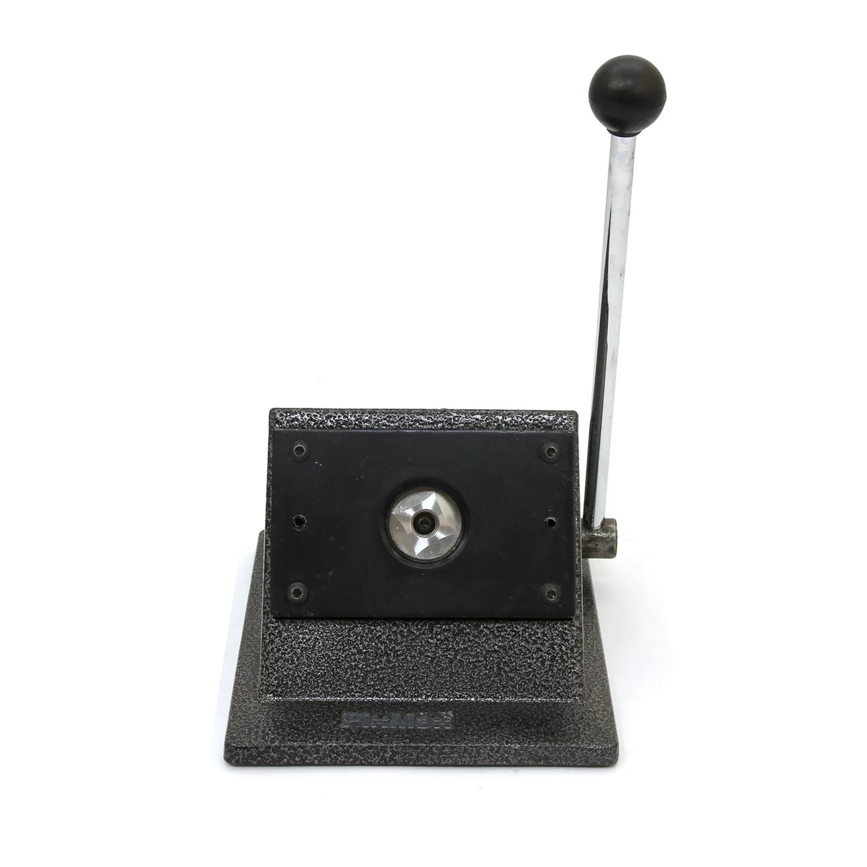 Heavy-duty badge maker with a sturdy black base, chrome lever, and a shiny circular punch for creating custom badges