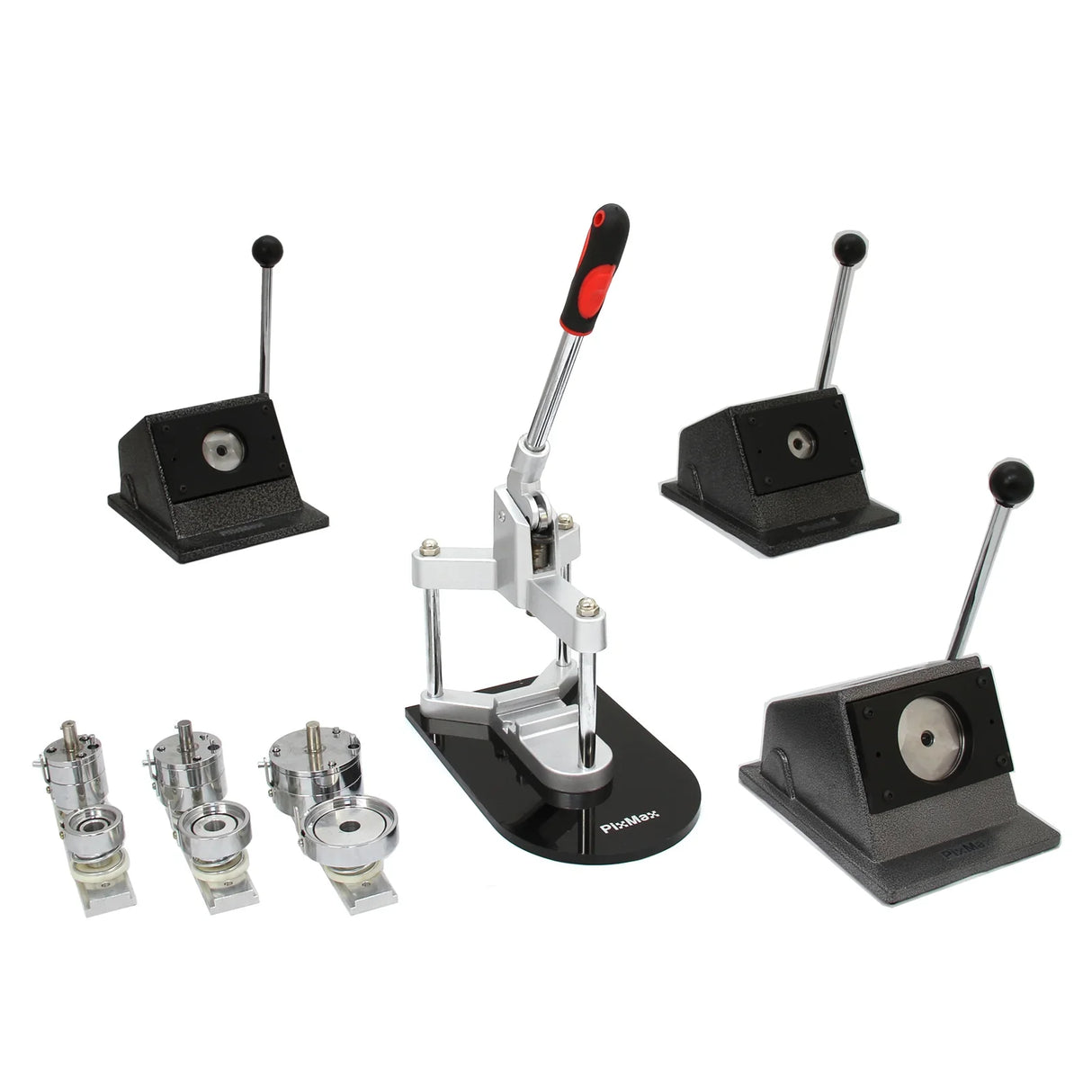 PixMax Badge Making Bundle featuring a sturdy metal press, multiple badge molds, and ergonomic handles for easy use