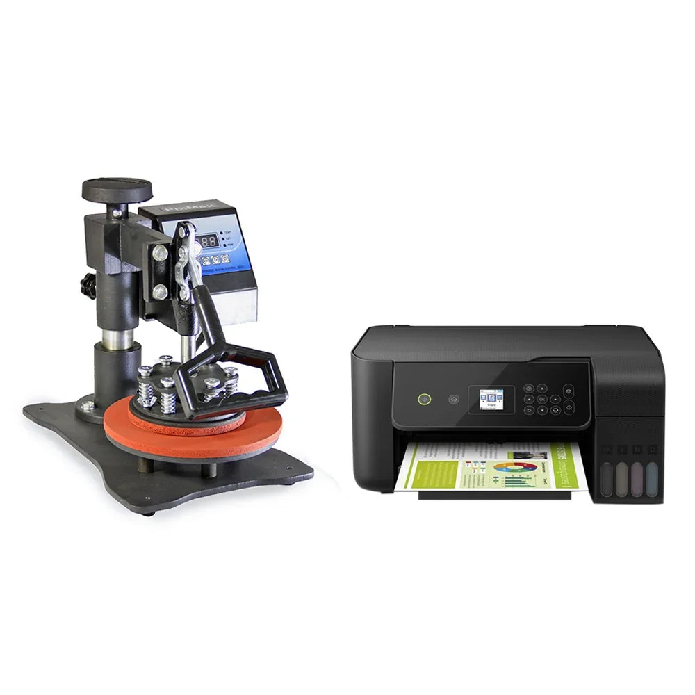PixMax Plate Heat Press features a sturdy black base, adjustable lever, and a vibrant orange heating plate alongside a sleek printer