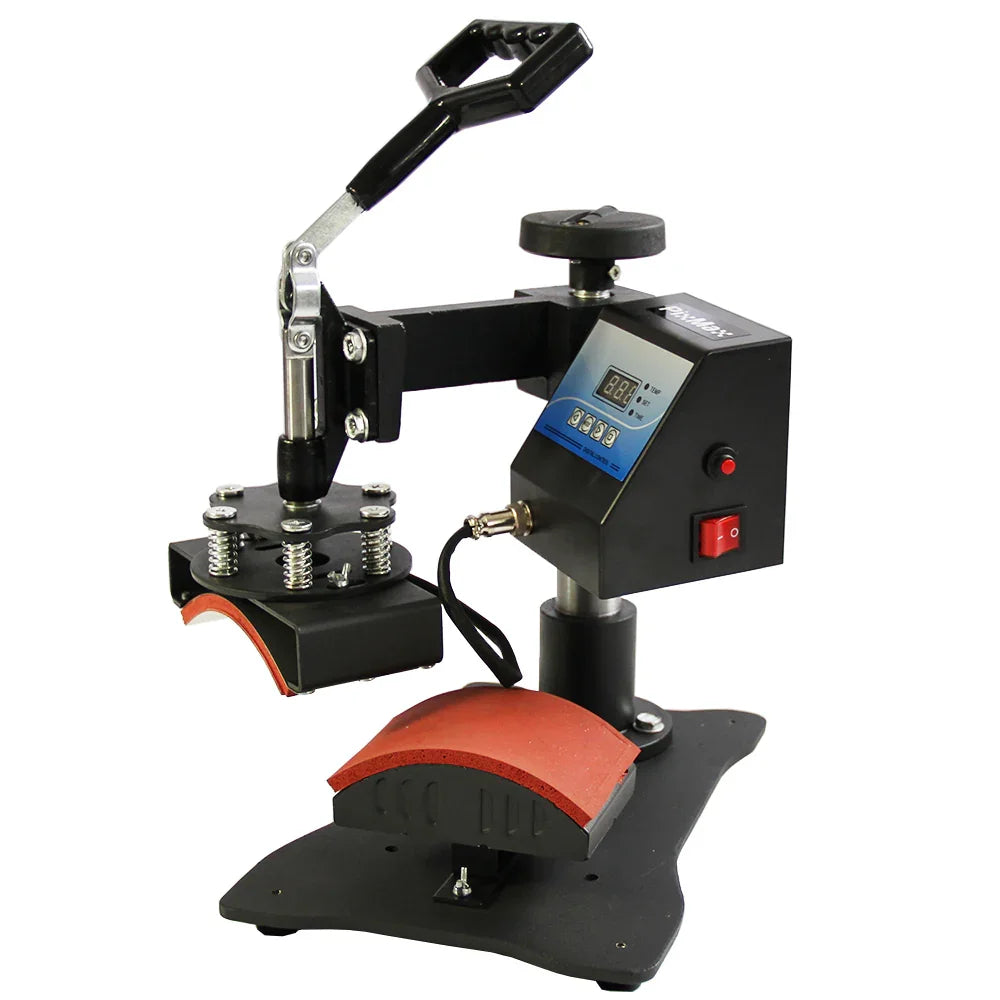 PixMax Cap Heat Press & Printer features a sturdy black frame, adjustable handle, and red silicone pad for precise cap printing