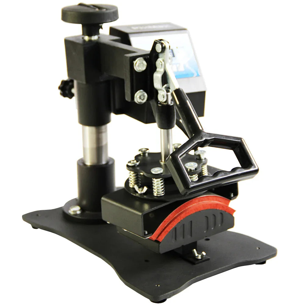 PixMax Cap Heat Press & Printer features a sturdy black base, adjustable pressure handle, and digital display for precise temperature control