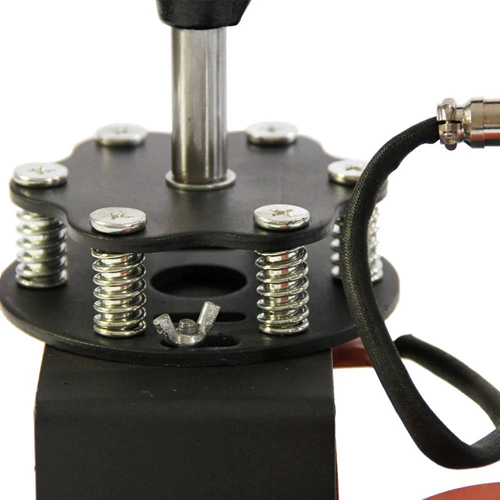 Close-up of the PixMax Cap Heat Press & Printer showing metal springs, a sturdy base, and a heat element for precise printing