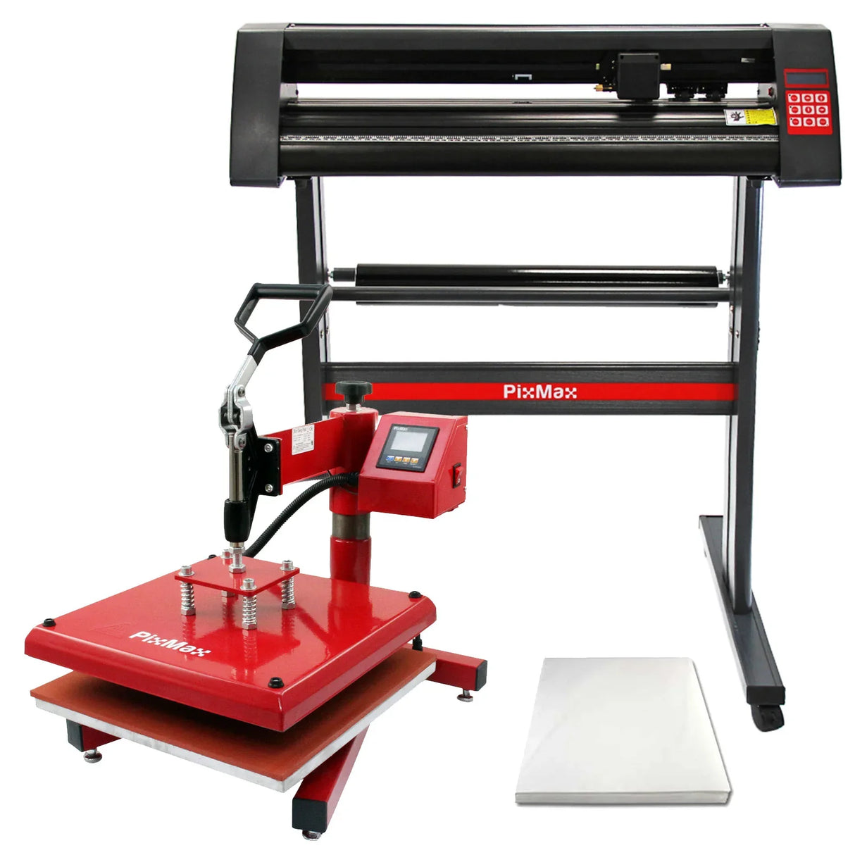 PixMax 38cm swing heat press in red with vinyl cutter, featuring a sturdy stand, control panel, and flat heating surface for easy use