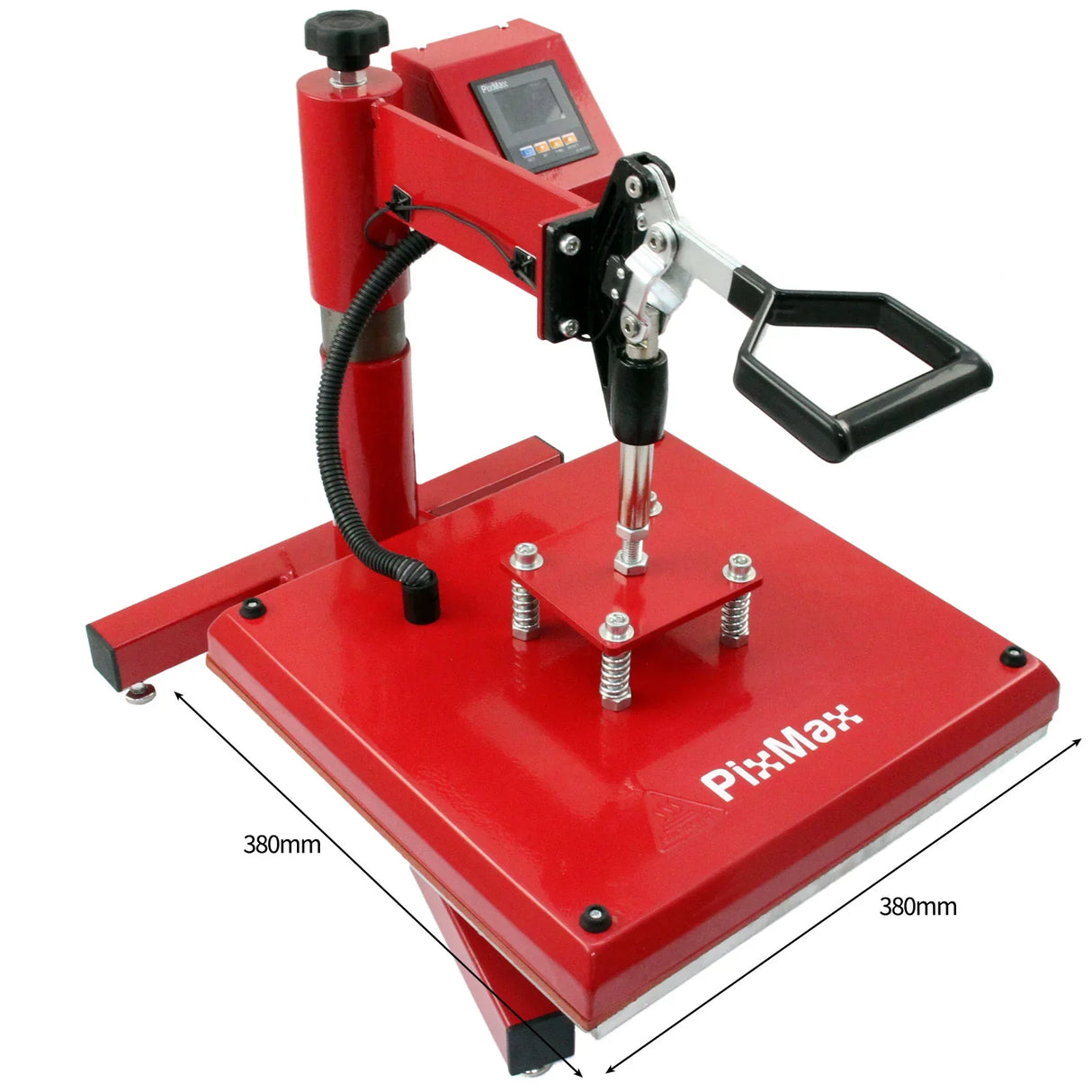 PixMax 38cm swing heat press in vibrant red with adjustable handle, digital display, and sturdy base for vinyl cutting projects