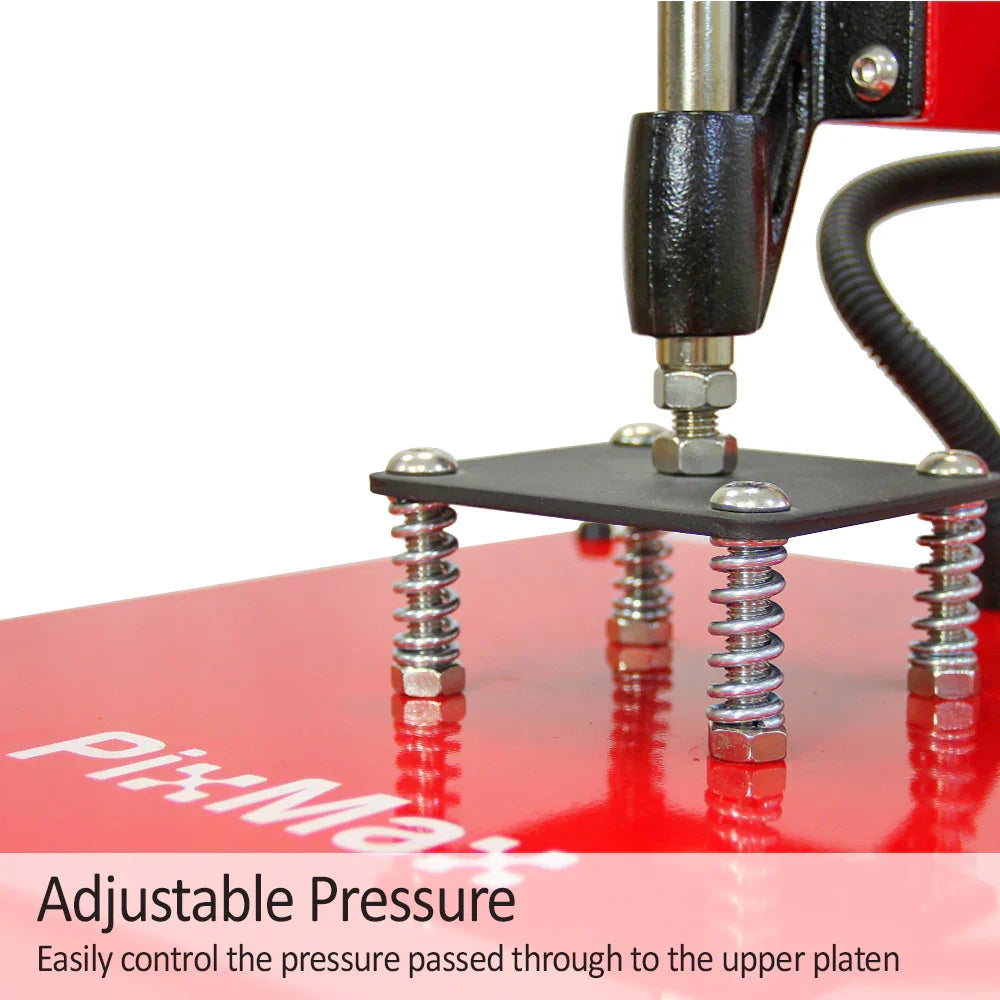 Adjustable pressure mechanism on the PixMax 38cm Swing Heat Press, featuring a sturdy red base and metal screws for stability