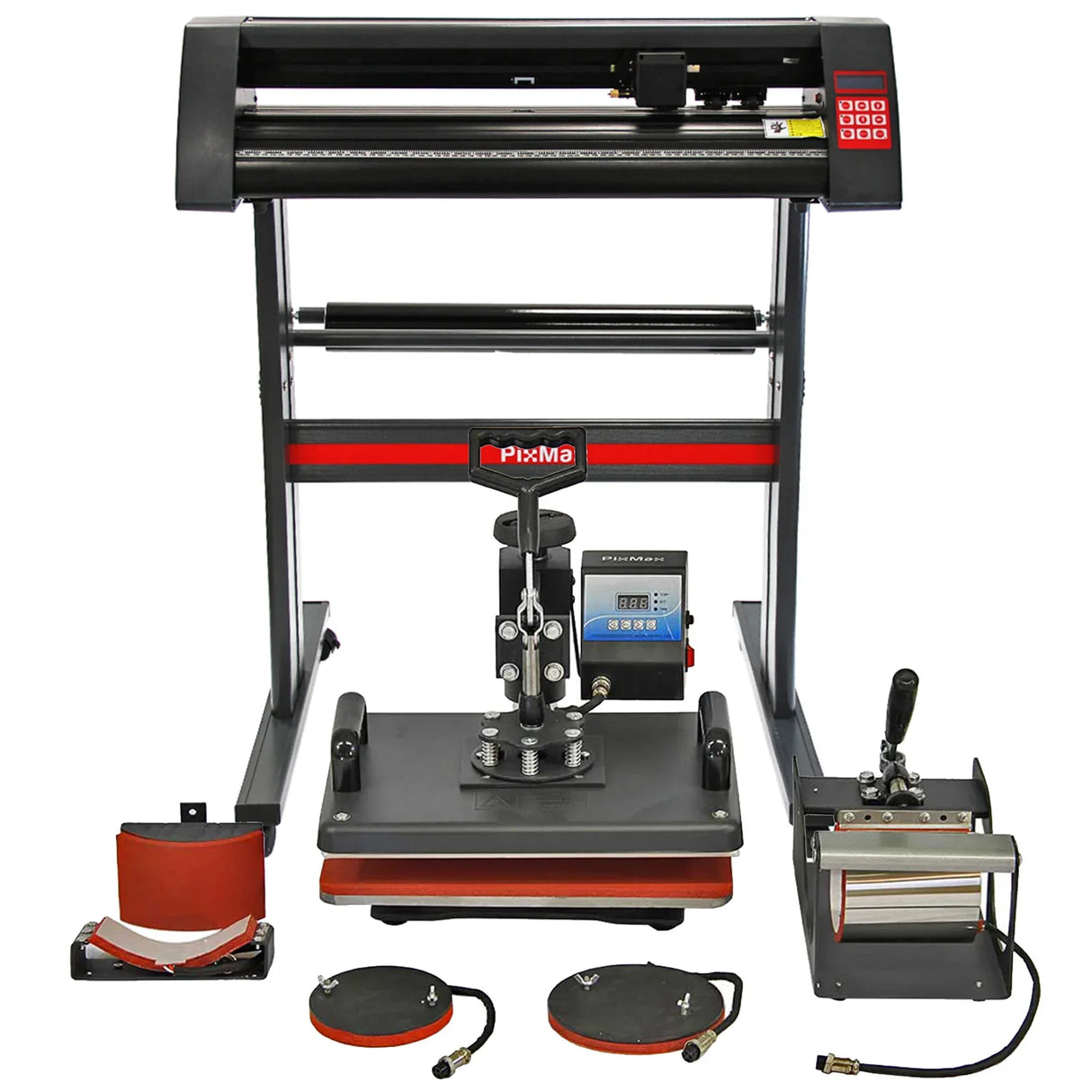 PixMax 5 in 1 heat press and vinyl cutter with black and red design, includes multiple attachments for versatile crafting projects