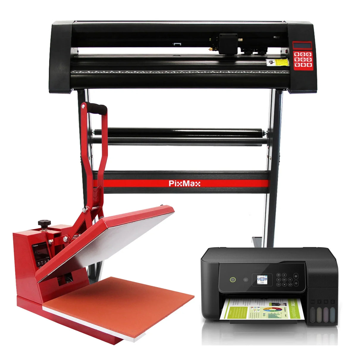 PixMax 38cm clam heat press in red and black, vinyl cutter, and printer, showcasing sleek design and essential features for crafting