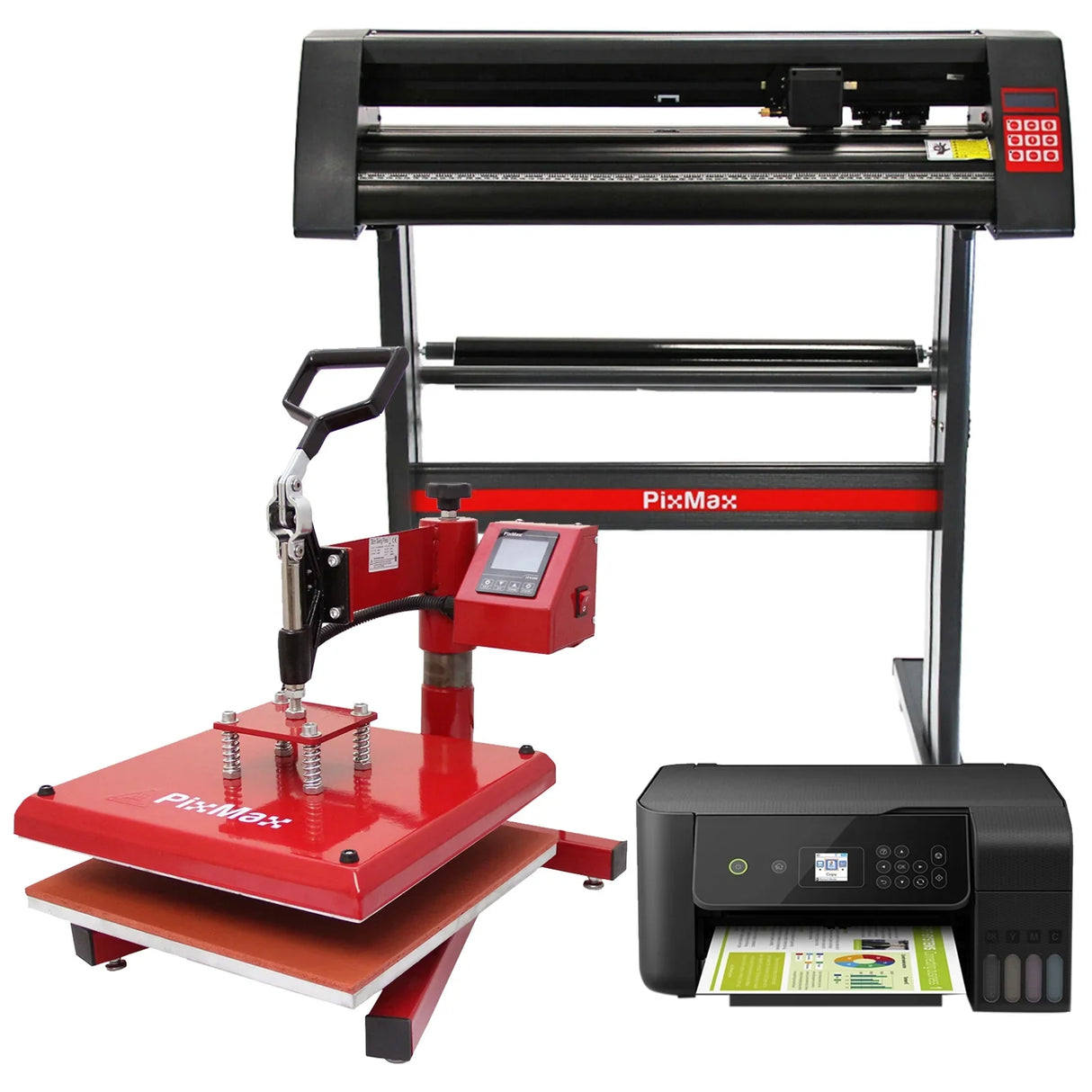 PixMax 38cm swing heat press in red, vinyl cutter, and printer, showcasing sleek design, sturdy build, and user-friendly controls