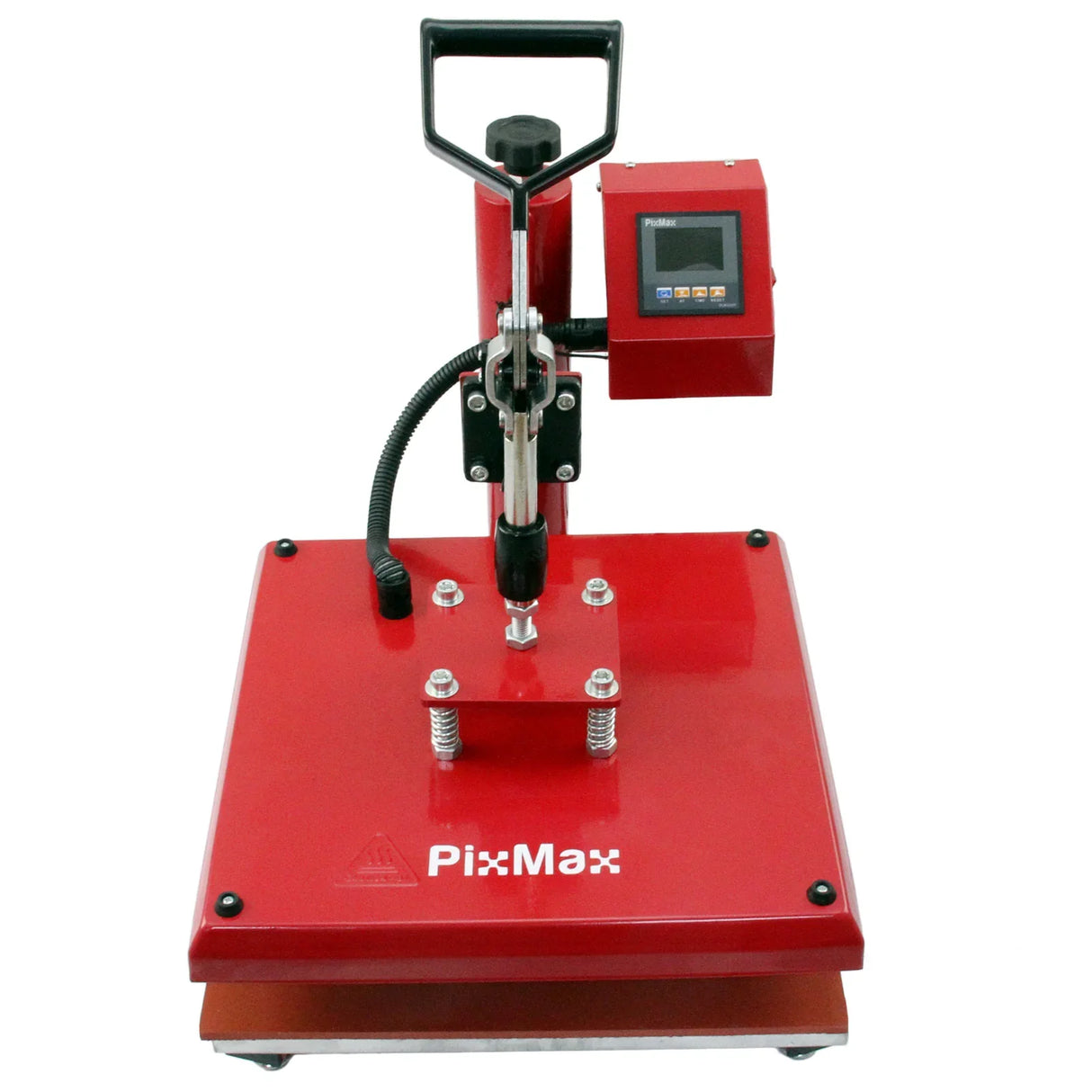 PixMax 38cm swing heat press in vibrant red with a sturdy base, digital control panel, and adjustable handle for easy operation