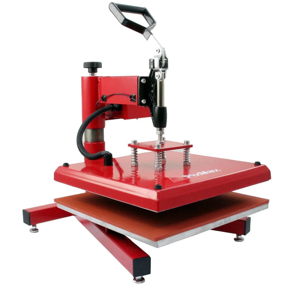 PixMax 38cm swing heat press featuring a sturdy red metal frame, adjustable handle, and a flat heating plate for vinyl printing