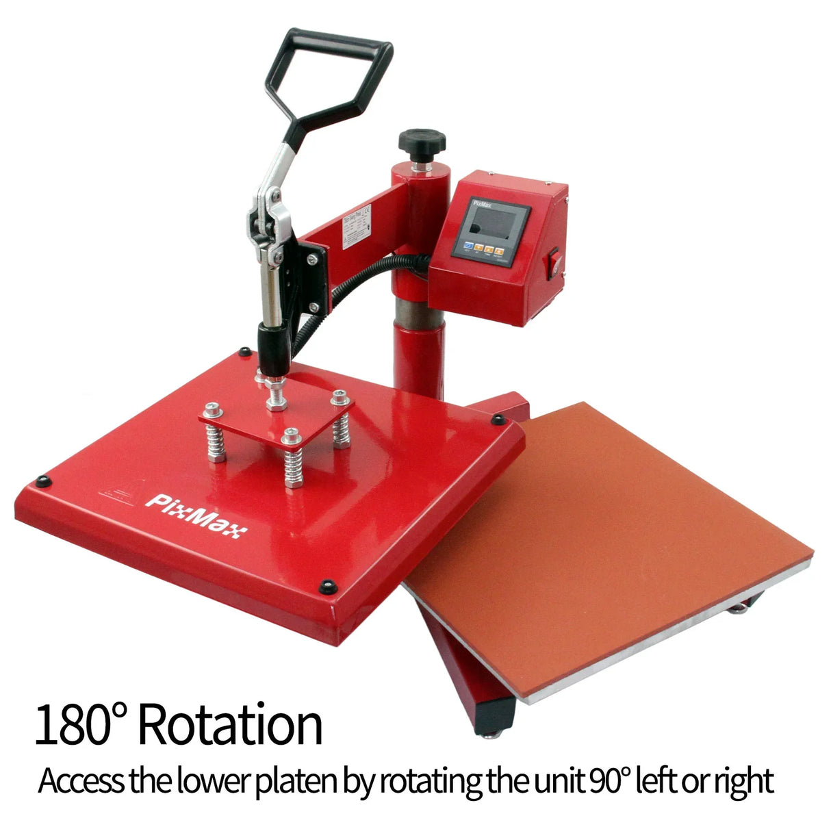 PixMax 38cm Swing Heat Press in bright red, featuring a rotating lower platen and digital control panel for precise temperature settings