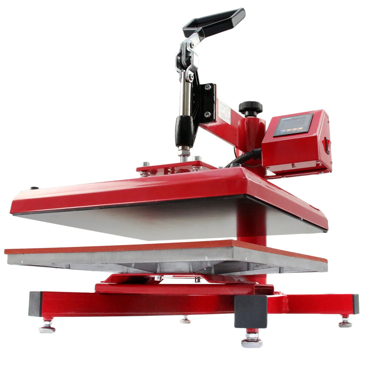 Red PixMax 38cm swing heat press with a sturdy base, adjustable handle, and digital control panel for precise temperature settings