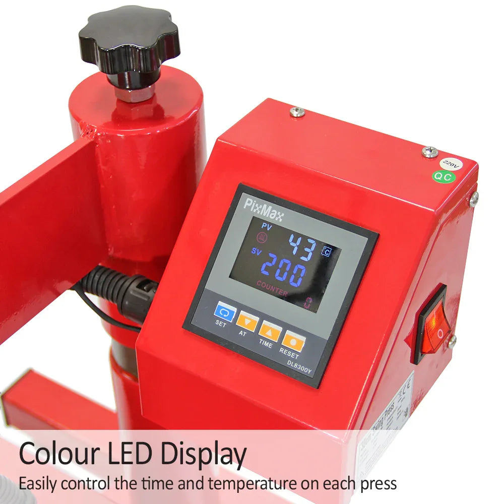 PixMax 38cm Swing Heat Press features a vibrant red color, a digital LED display for time and temperature control, and user-friendly buttons