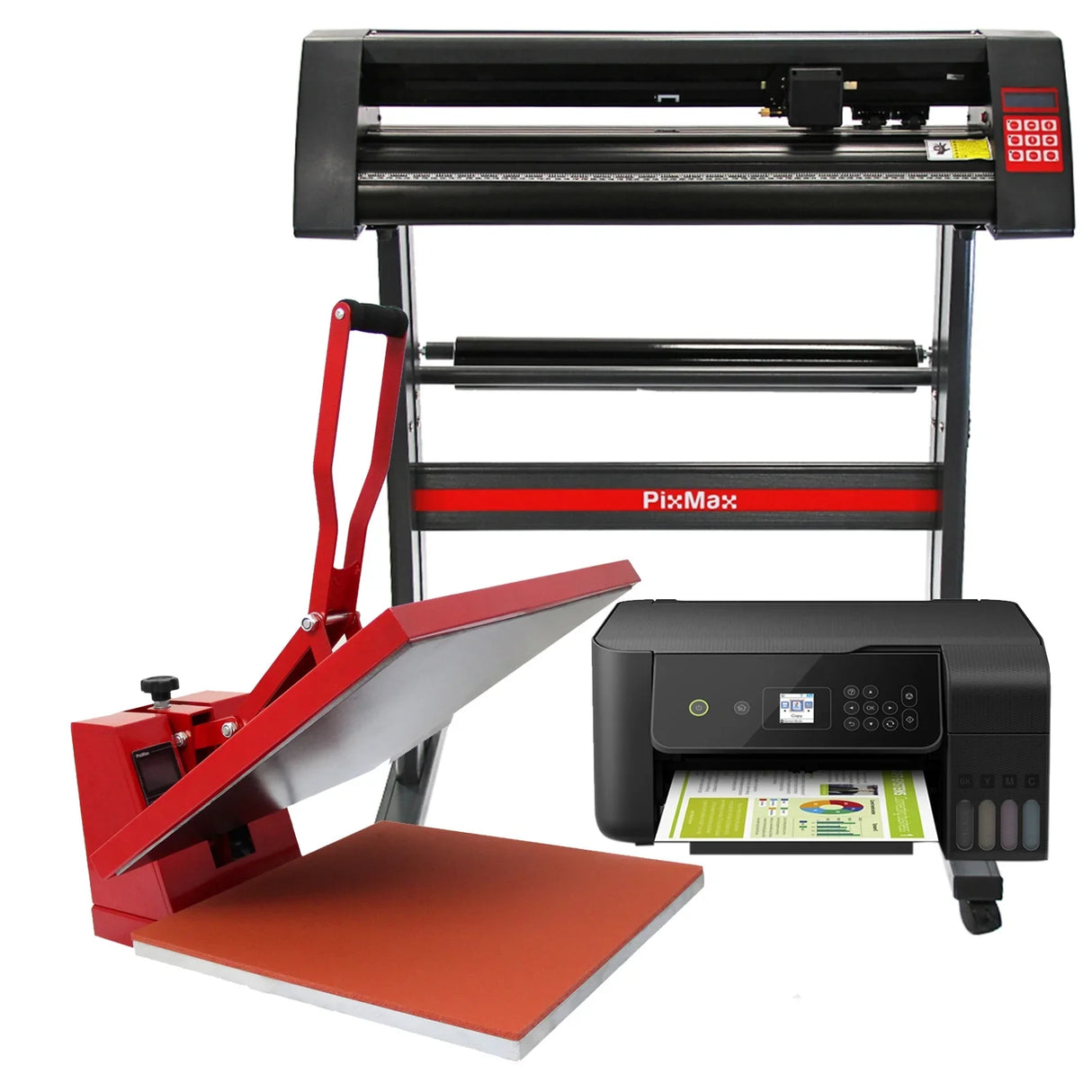 PixMax Heat Press Clam 50x50cm, vinyl cutter, and printer bundle featuring a red heat press, sleek black printer, and cutting machine