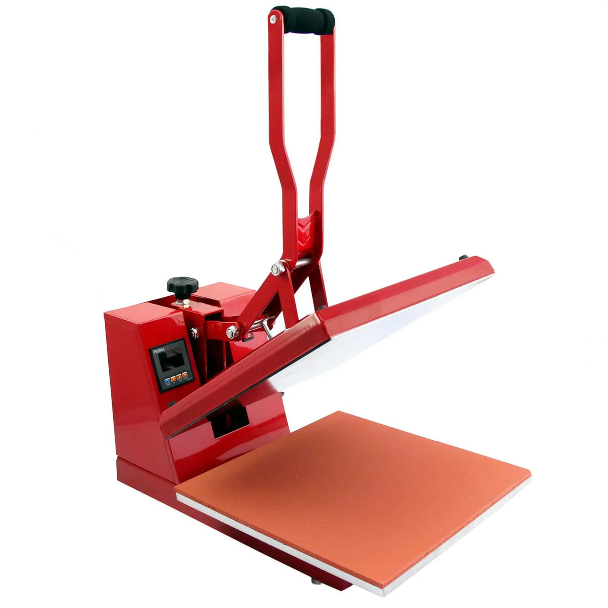 PixMax 38cm clam heat press in bright red with a sturdy handle, featuring a large orange pressing plate and digital control panel