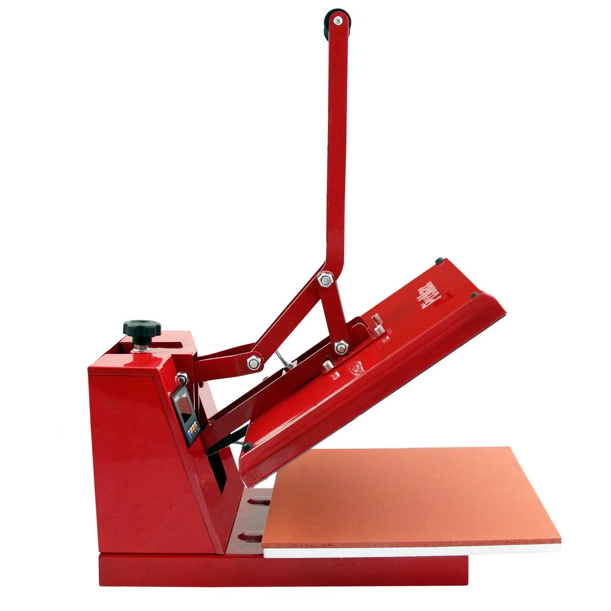 PixMax 38cm clam heat press in vibrant red with a sturdy handle, flat heating plate, and adjustable temperature settings for vinyl projects