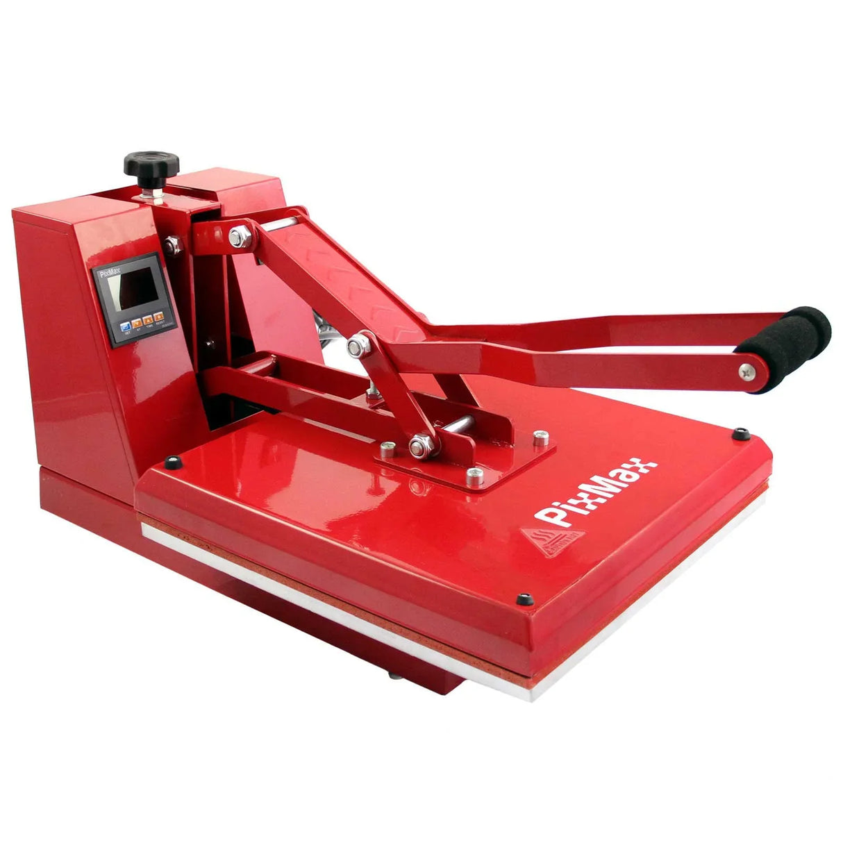 Bright red PixMax 38cm clam heat press with adjustable pressure, digital display, and sturdy handle for easy operation
