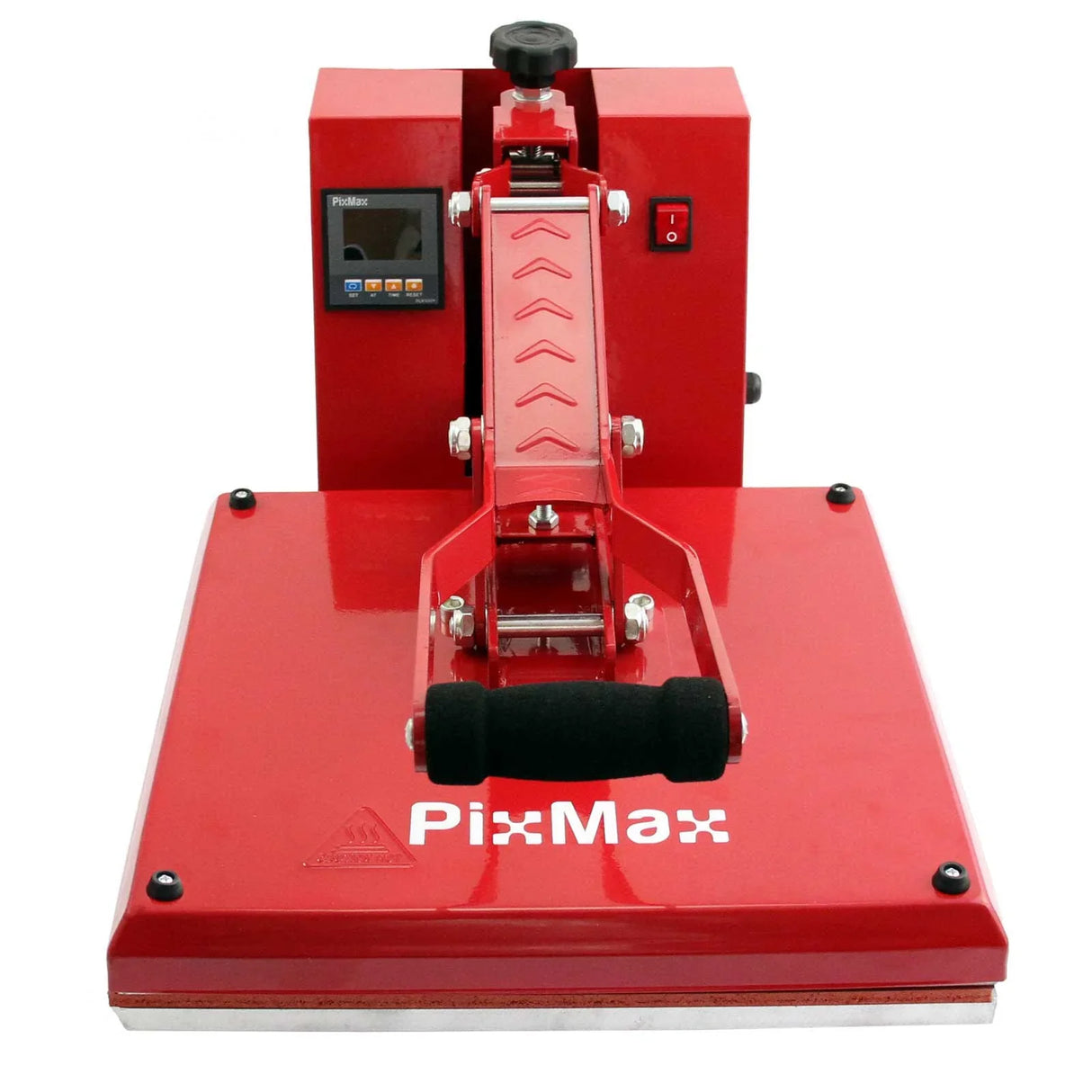 PixMax 38cm clam heat press in vibrant red with a sturdy handle, digital display, and smooth, glossy surface for easy use