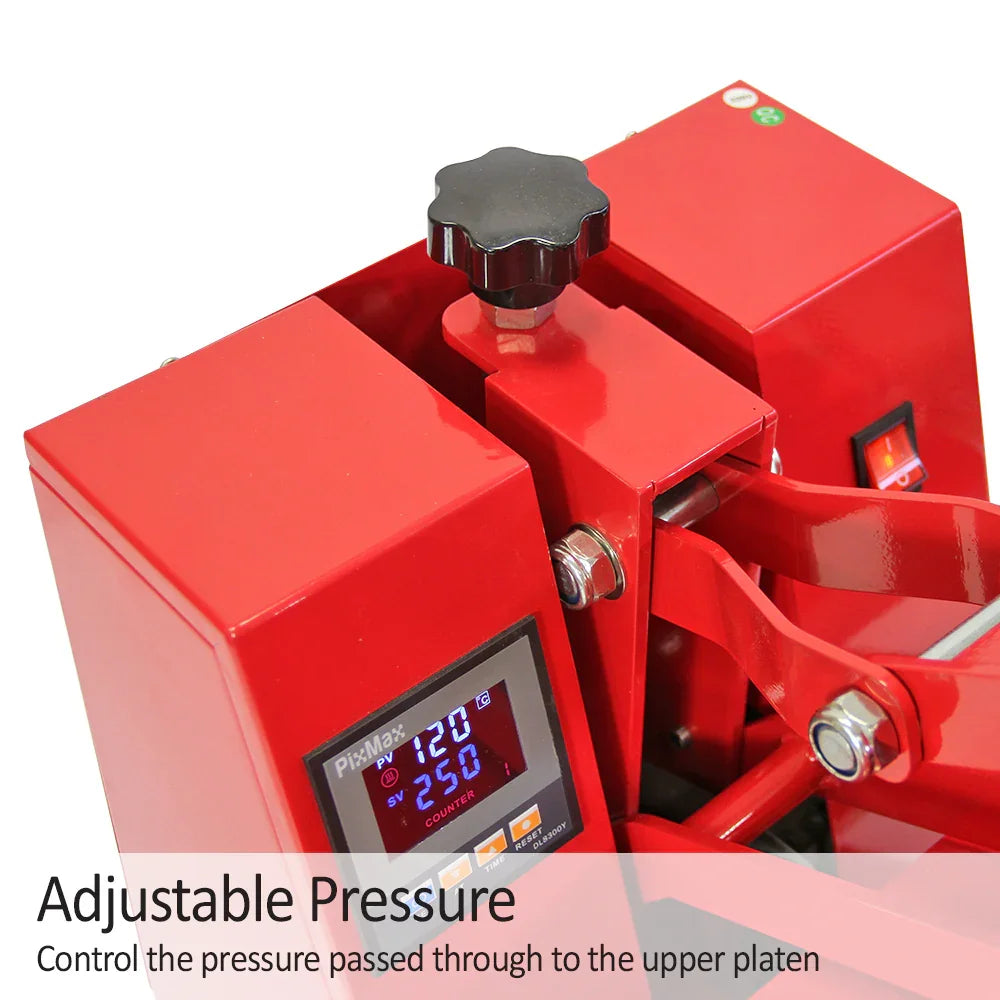 Red PixMax 38cm clam heat press with adjustable pressure knob and digital display for precise temperature control and easy use