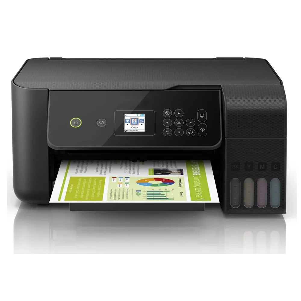 Compact black printer with a control panel, printing a colorful document featuring graphs and charts, ideal for home or office use