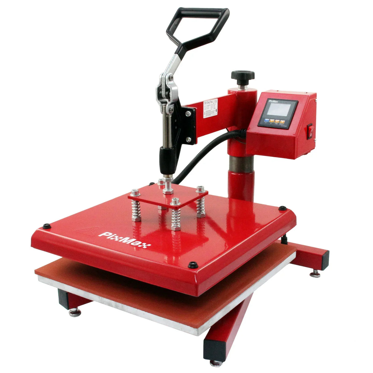PixMax 38cm swing heat press in vibrant red, featuring a sturdy base, adjustable pressure knob, and digital control panel for precise settings