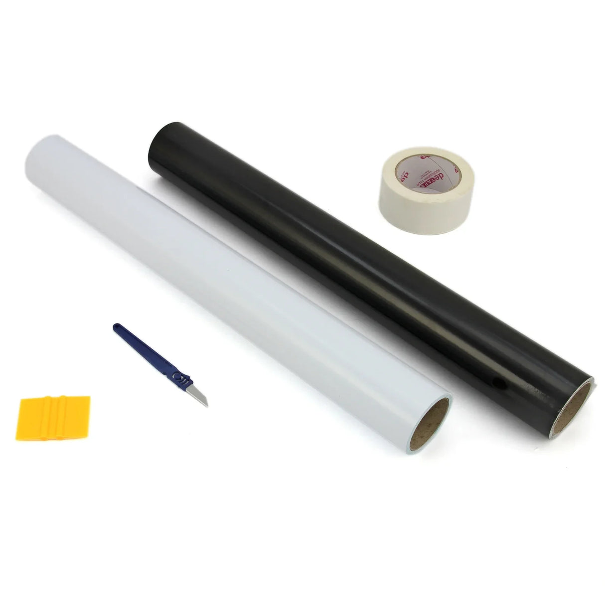 Black and white vinyl rolls, heat tape, a weeding tool, and a squeegee, ideal for crafting and sign-making projects