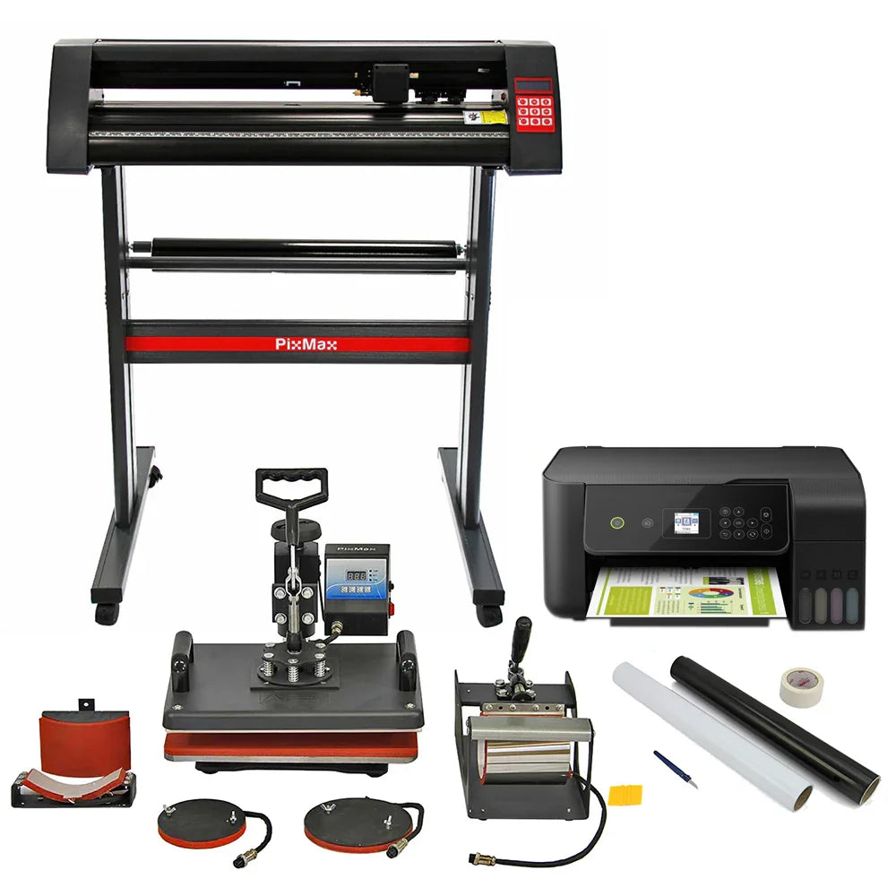 PixMax 5 in 1 heat press, vinyl cutter, and printer set with various tools, featuring a sleek black and red design and multiple accessories