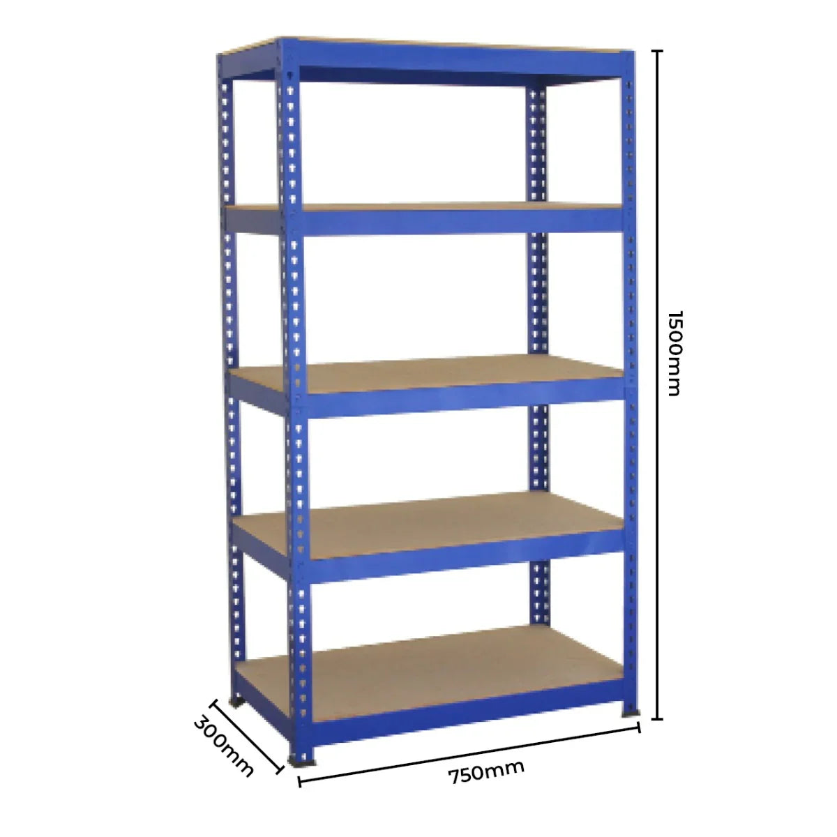 Blue metal racking unit with five shelves, measuring 75cm x 150cm x 30cm, featuring sturdy construction and free bay connectors