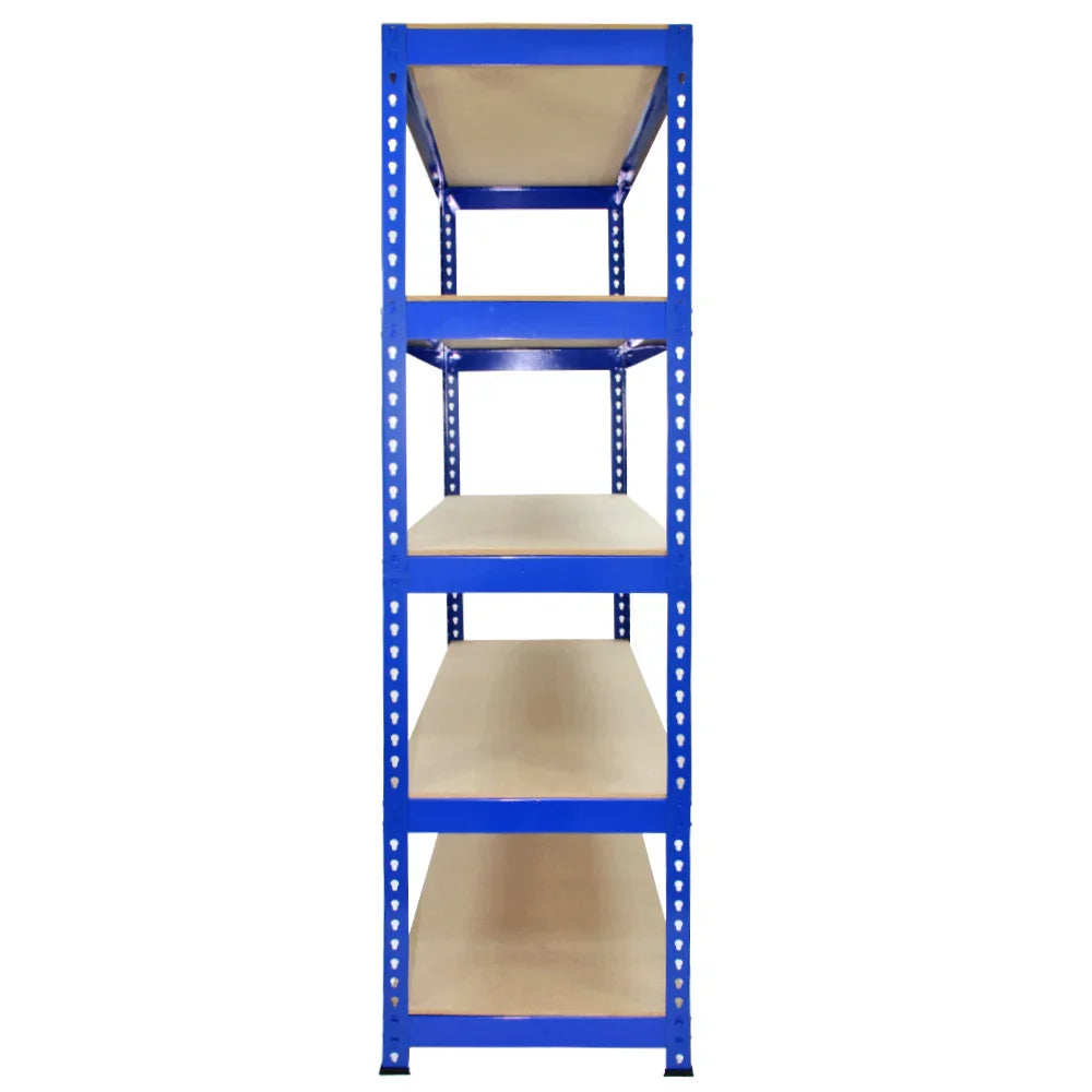 Blue metal racking unit with four shelves, measuring 75cm x 150cm x 30cm, featuring a sturdy design and free bay connectors for easy assembly