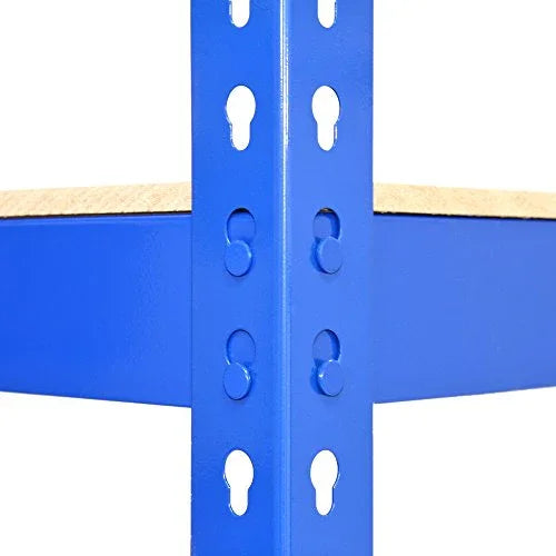 Blue metal racking unit corner detail, showcasing sturdy construction, perforated vertical supports, and a smooth wooden shelf surface
