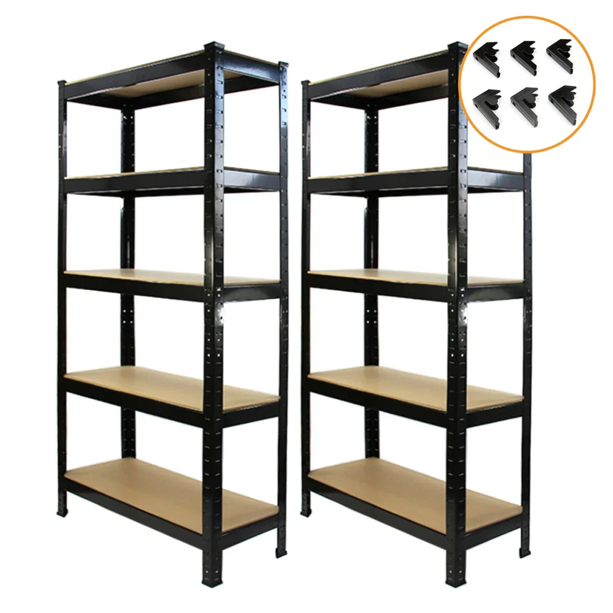 Two black metal racking units with five shelves each, featuring sturdy construction and free bay connectors for stability