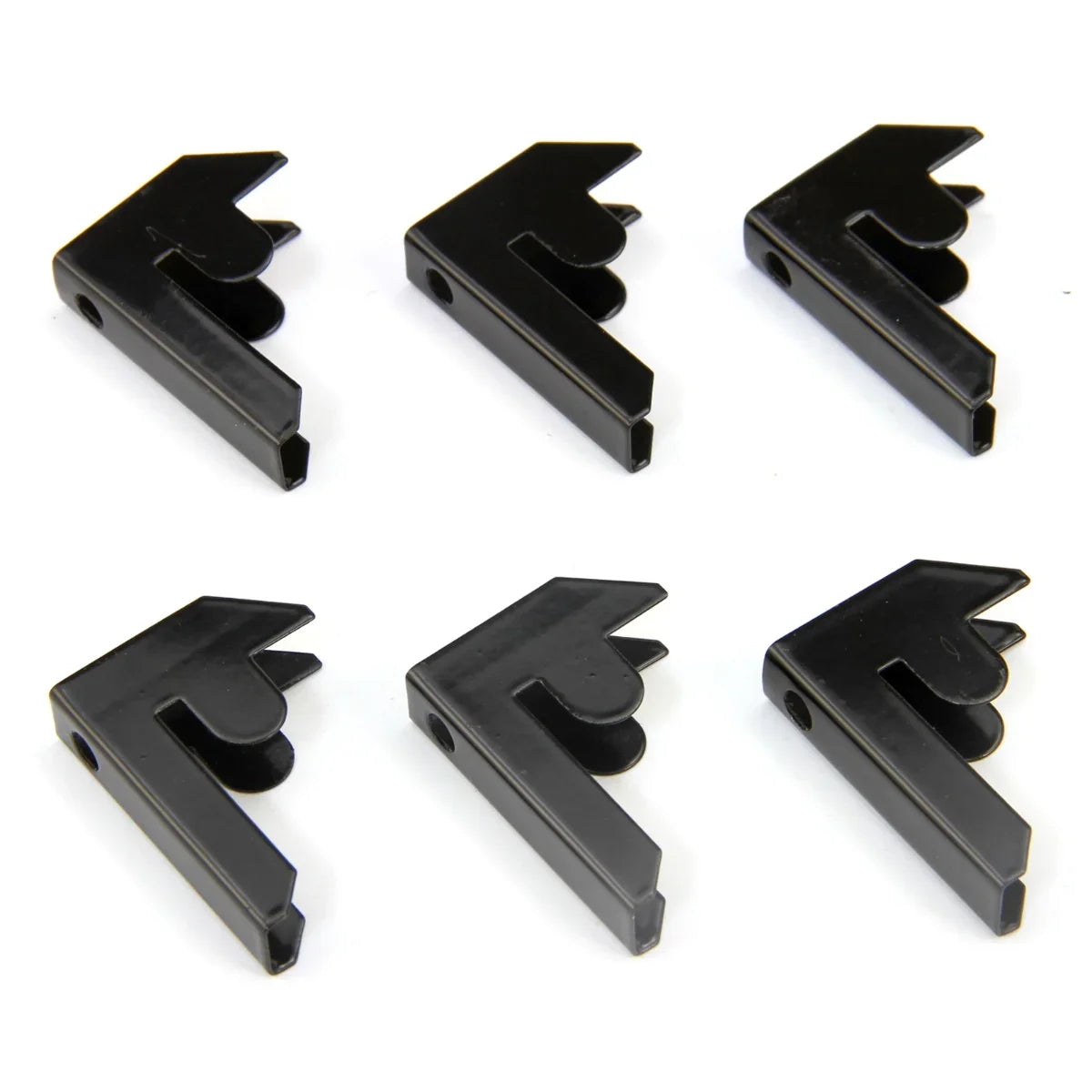 Set of six black plastic bay connectors designed for T-RAX metal racking units, featuring a sturdy, angular shape for secure assembly