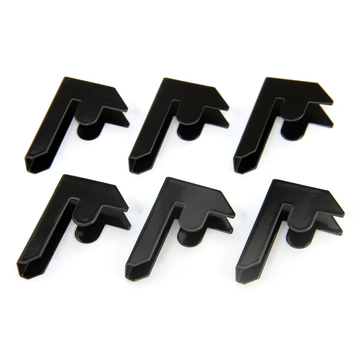 Set of six black plastic bay connectors designed for T-RAX metal racking units, featuring a sturdy, angular shape for secure assembly