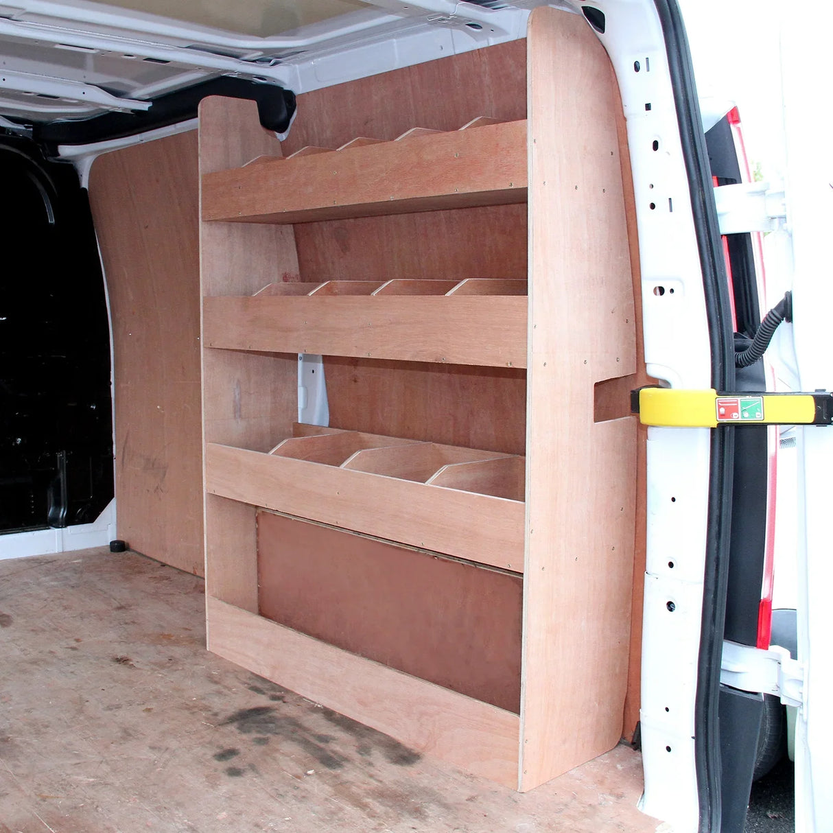 Anthracite van lining rack with three shelves, made of smooth wood, designed for Ford Transit Custom, showcasing ample...