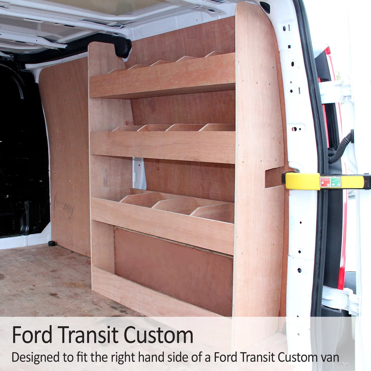 Ford Transit Custom SWB van rack in natural wood finish, featuring three shelves for organized storage, designed for right side installation