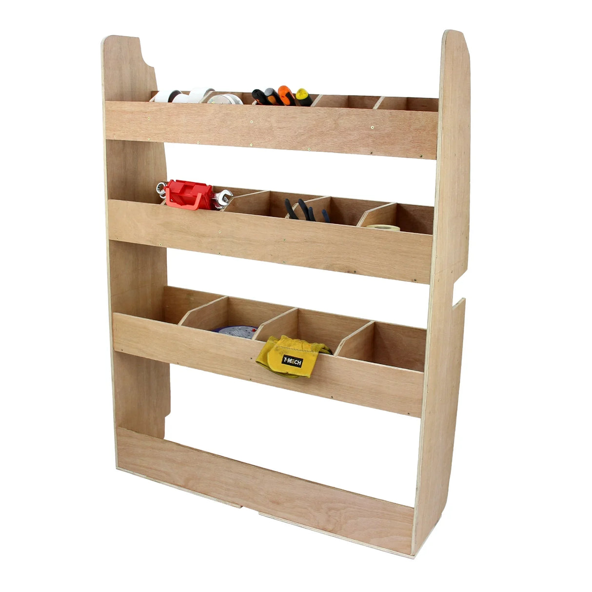 Anthracite van lining rack with multiple storage compartments, featuring a smooth wood finish and sturdy construction for...
