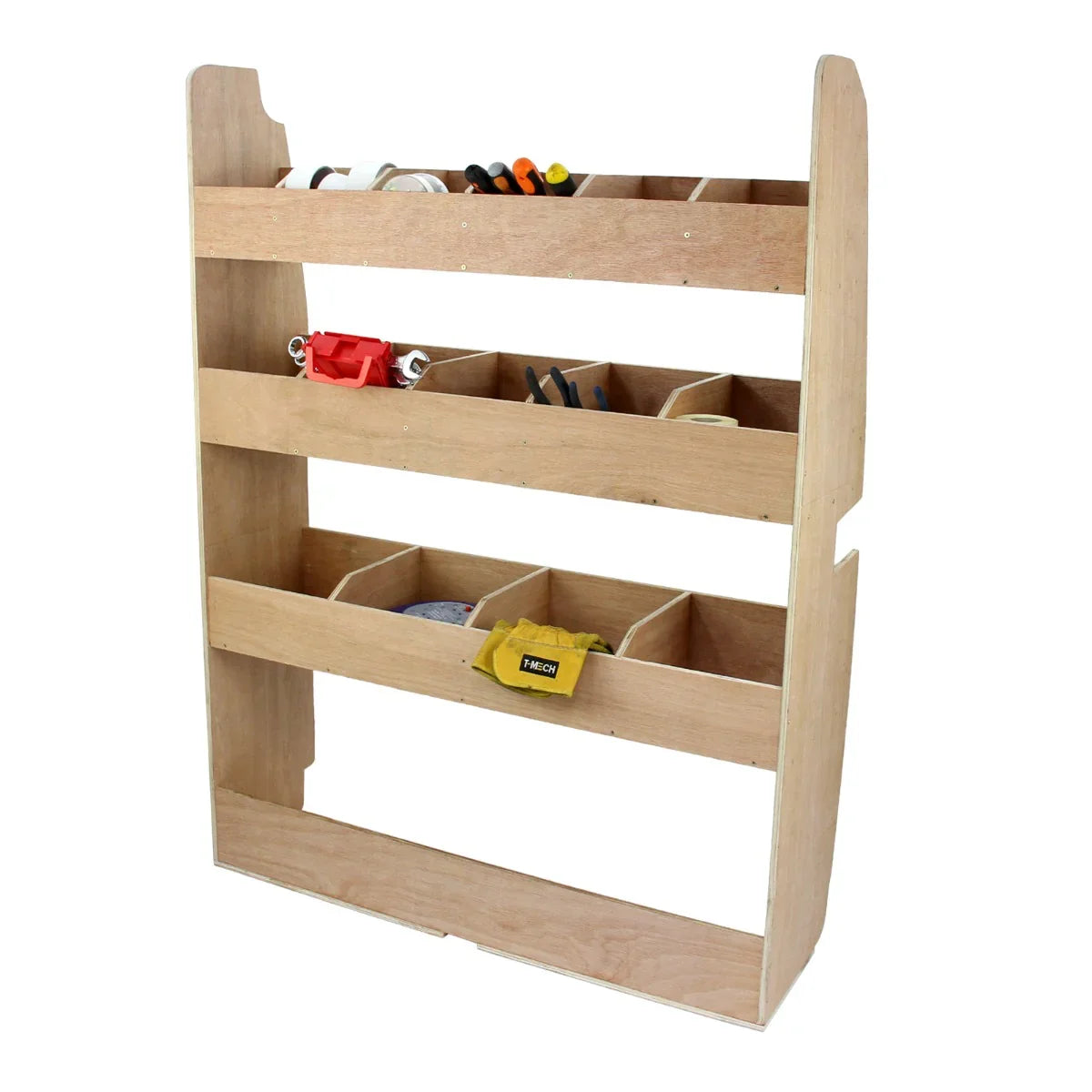 Wooden storage rack with multiple compartments, designed for organizing tools and supplies in a Ford Transit Custom van