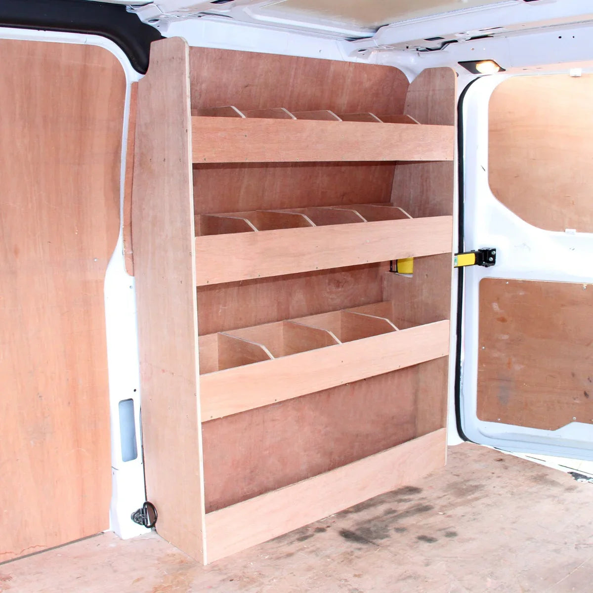 Black van lining with a wooden rack featuring four shelves, designed for Ford Transit Custom, showcasing smooth texture...