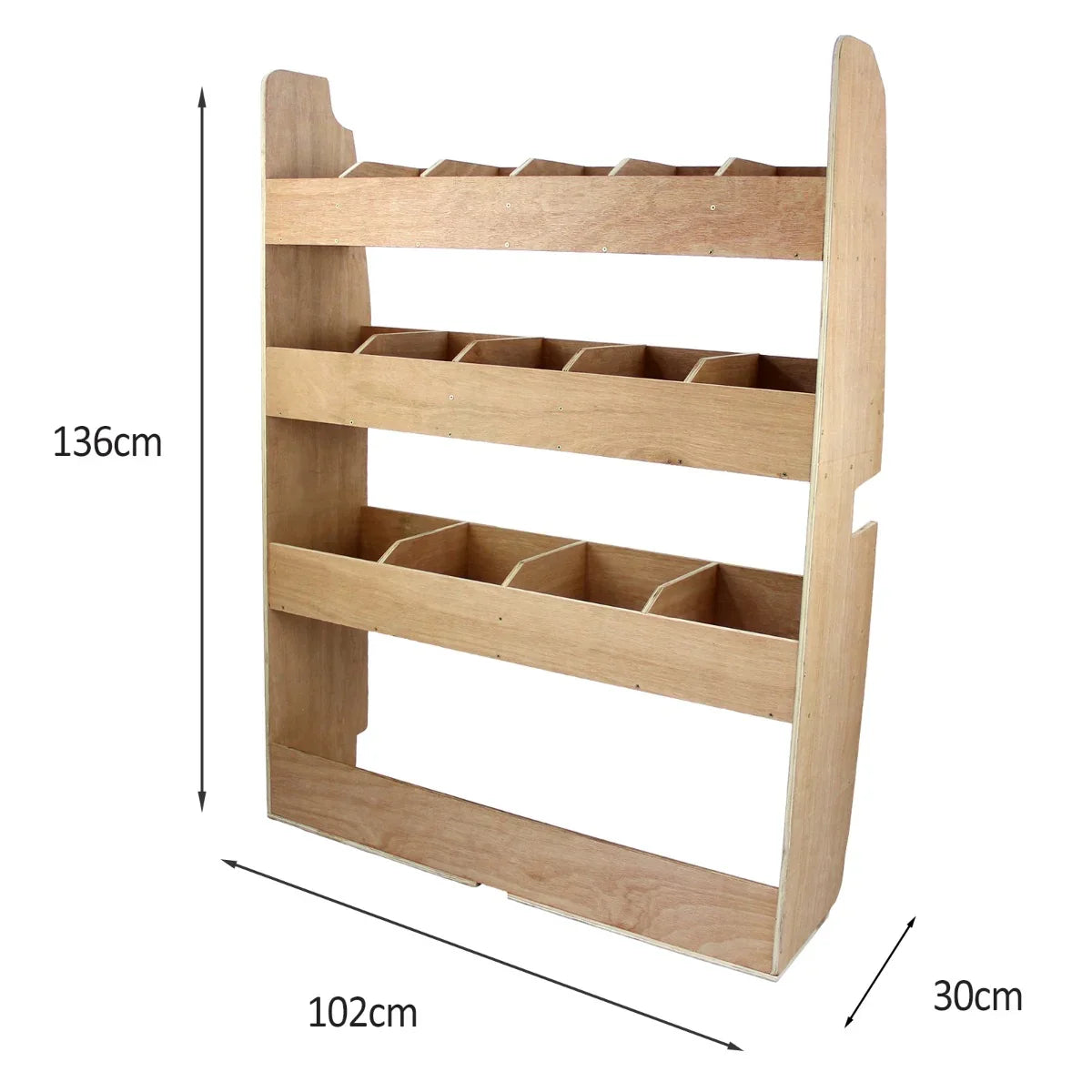 Silver grey van racking unit with multiple shelves, made of wood, measuring 136cm high, 102cm wide, and 30cm deep